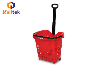 52L Supermarket Shopping Basket , Rolling Pull Along Shopping Basket With Two Wheels
