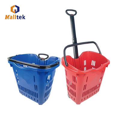 Red Telescopic Handle Plastic Rolling Basket With Two Wheels For Convenience Store